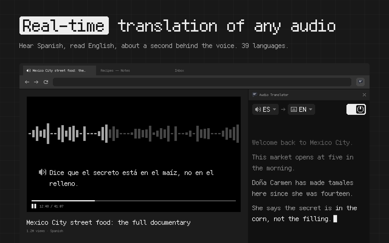 Audio translator showing English subtitles for a Spanish video in Chrome